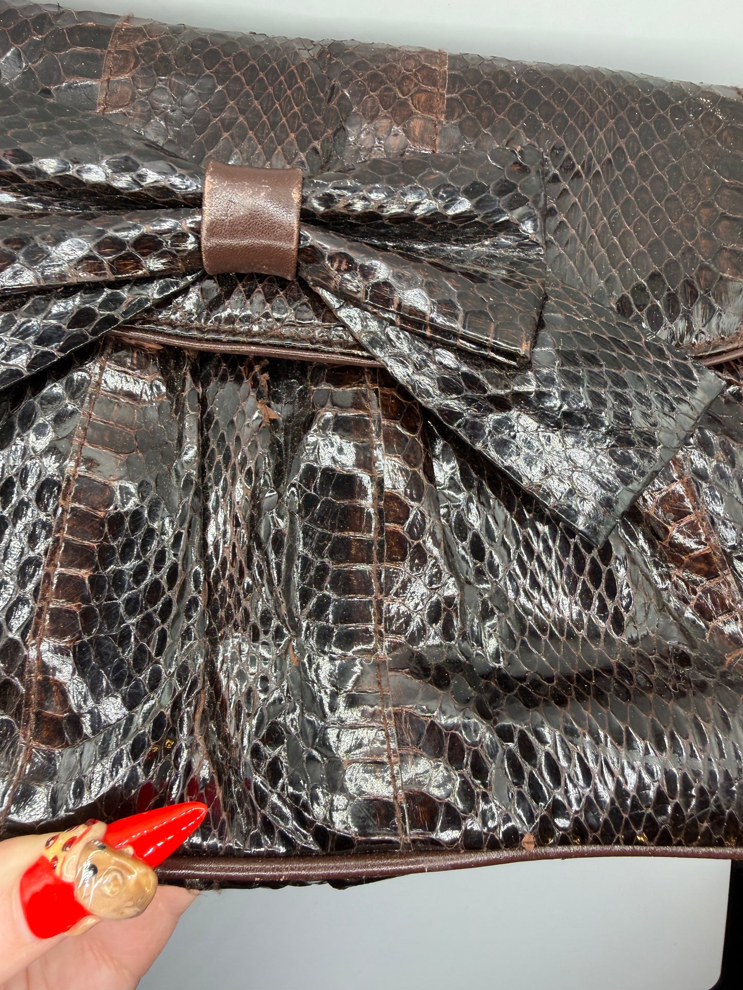 Vintage 1980s Clemente Chocolate Brown Snakeskin Bow Bag