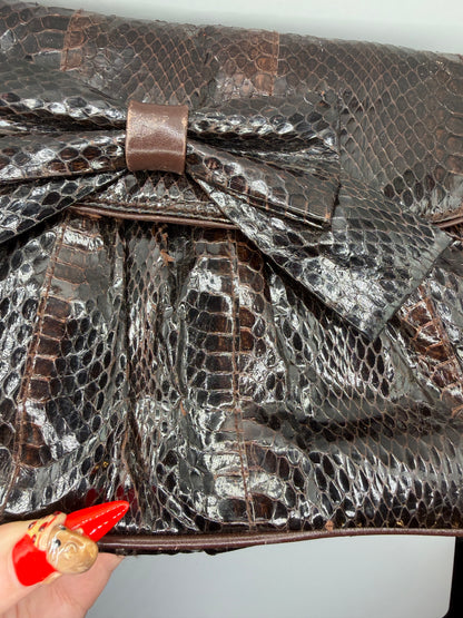 Vintage 1980s Clemente Chocolate Brown Snakeskin Bow Bag