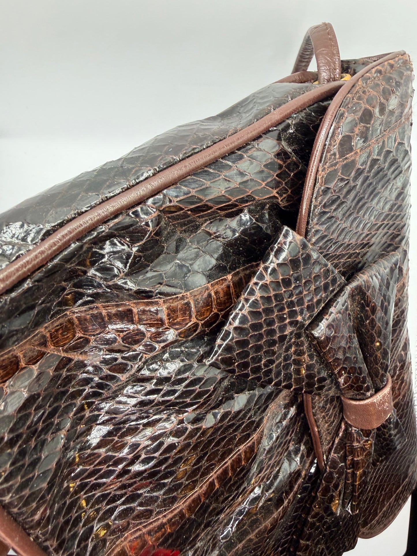 Vintage 1980s Clemente Chocolate Brown Snakeskin Bow Bag
