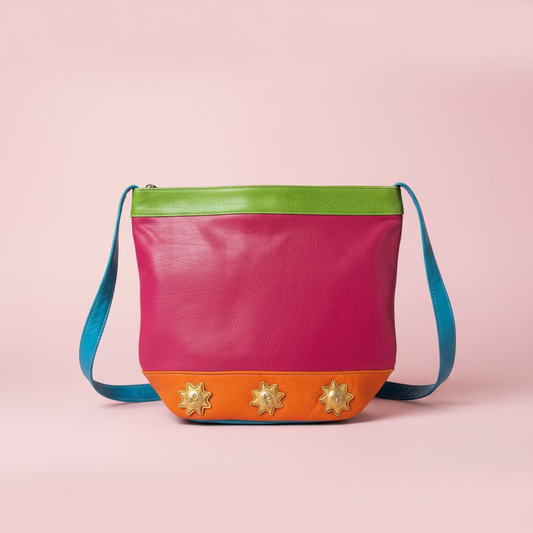 Vintage 1990s Colorblock Leather Bucket Bag with Golden Sun Faces