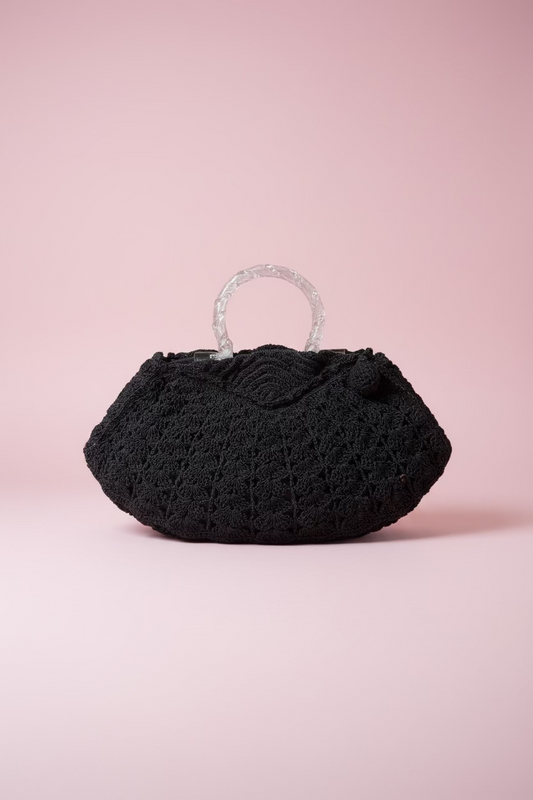 Vintage 1940s Black Corde Crochet Handbag with Carved Lucite Handle
