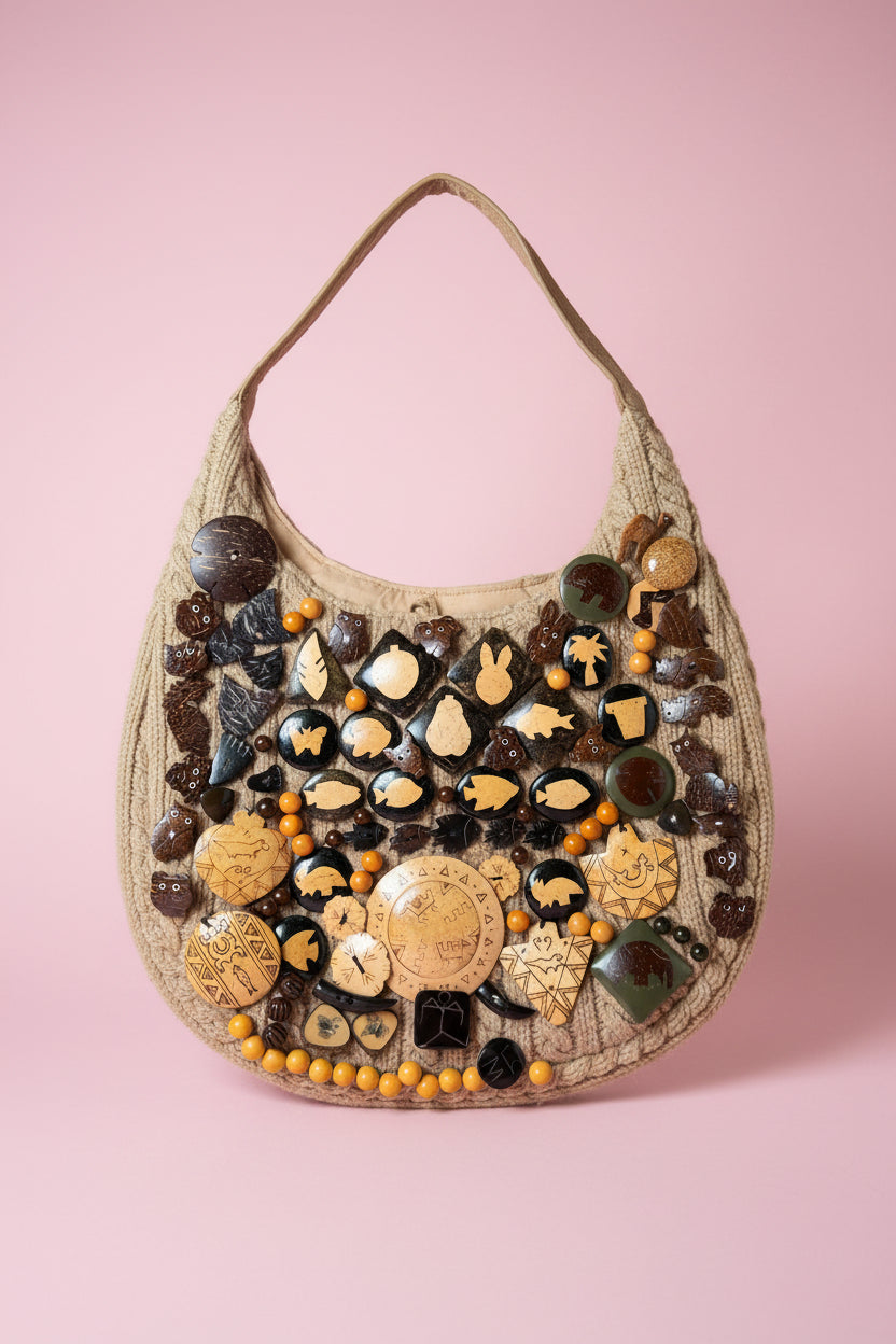Vintage One-of-a-Kind Folk Art Animal Button Bag