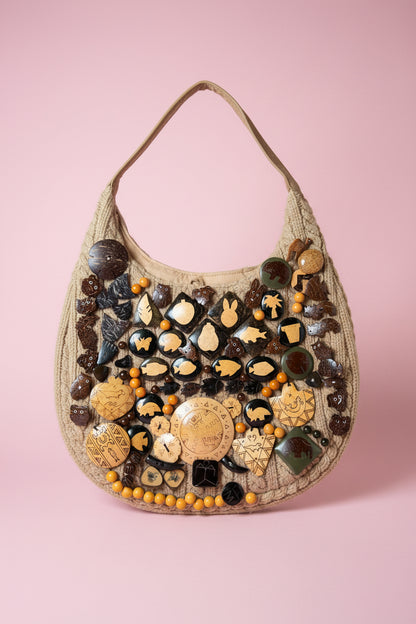 Vintage One-of-a-Kind Folk Art Animal Button Bag