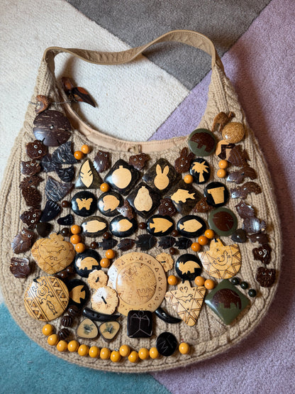 Vintage One-of-a-Kind Folk Art Animal Button Bag