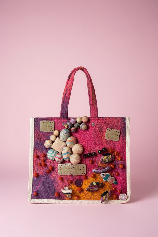 Vintage One-of-a-Kind Folk Art Seascape Fish Button Bag