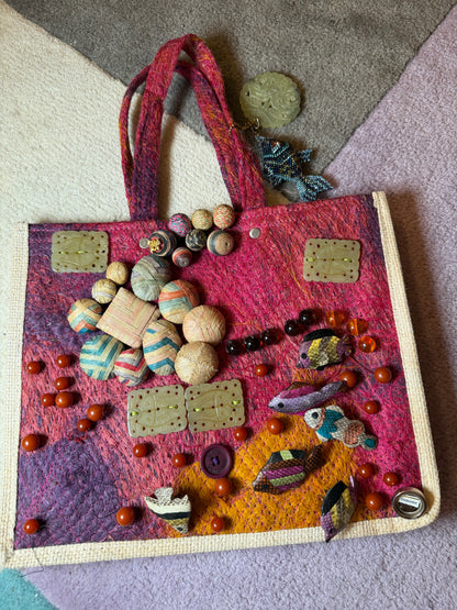 Vintage One-of-a-Kind Folk Art Seascape Fish Button Bag