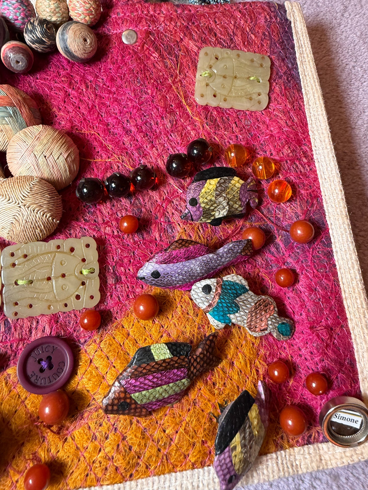 Vintage One-of-a-Kind Folk Art Seascape Fish Button Bag