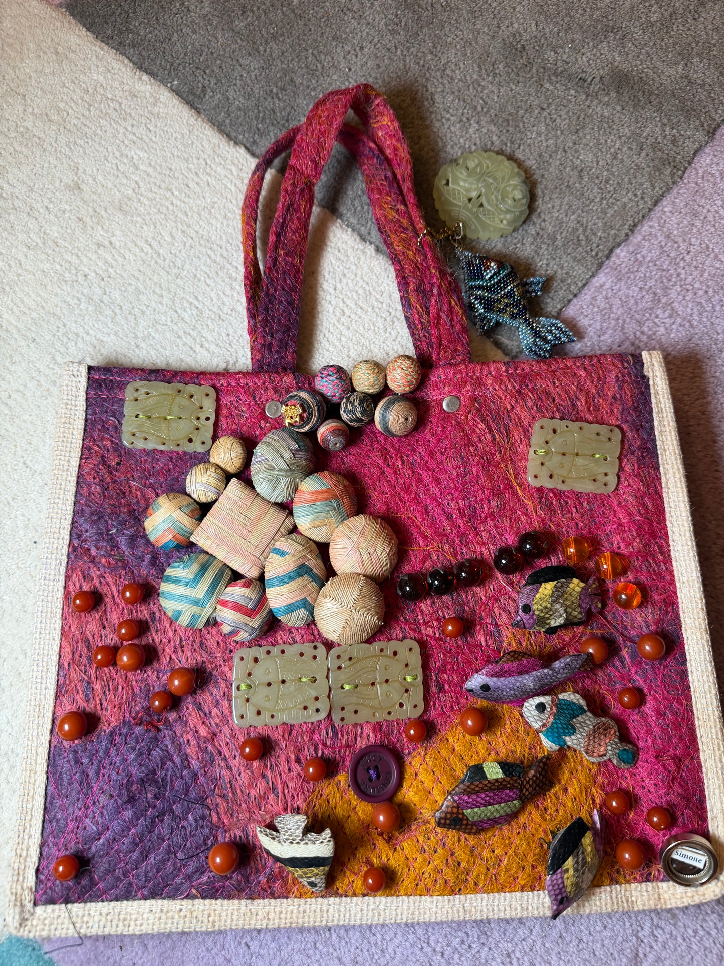 Vintage One-of-a-Kind Folk Art Seascape Fish Button Bag