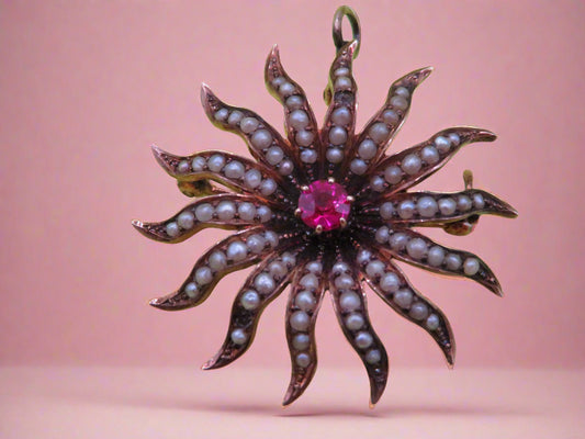 Antique 10K Gold Victorian Pearl & Ruby Sunburst Charm Brooch