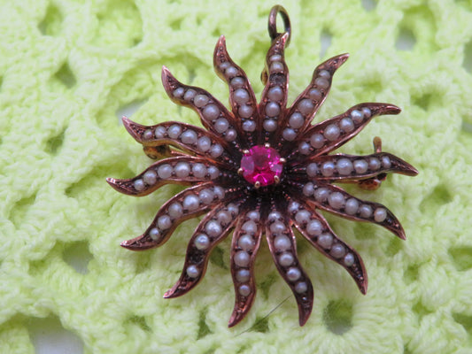 Antique 10K Gold Victorian Pearl & Ruby Sunburst Charm Brooch