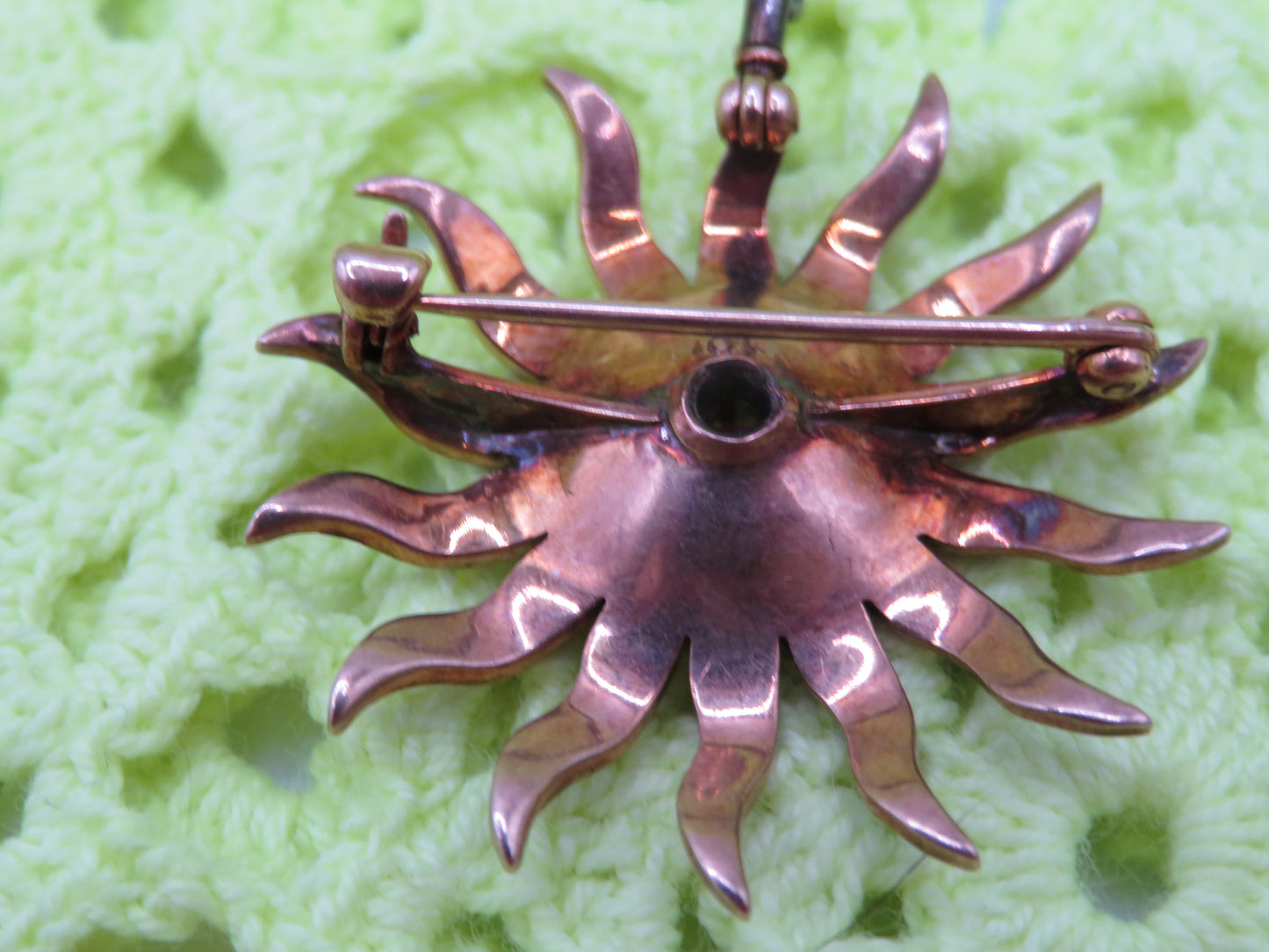 Antique 10K Gold Victorian Pearl & Ruby Sunburst Charm Brooch