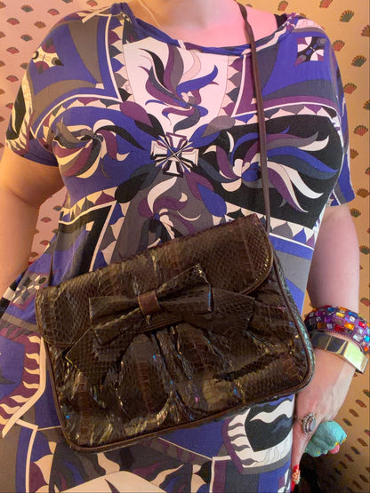 Vintage 1980s Clemente Chocolate Brown Snakeskin Bow Bag