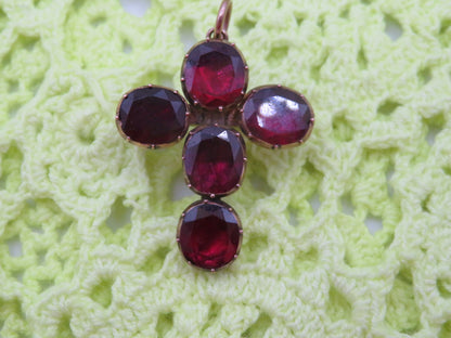 Antique 10K Gold Georgian Foiled Flat Cut Garnet Cross Charm Brooch