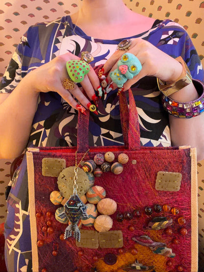 Vintage One-of-a-Kind Folk Art Seascape Fish Button Bag