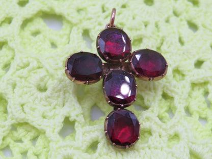 Antique 10K Gold Georgian Foiled Flat Cut Garnet Cross Charm Brooch