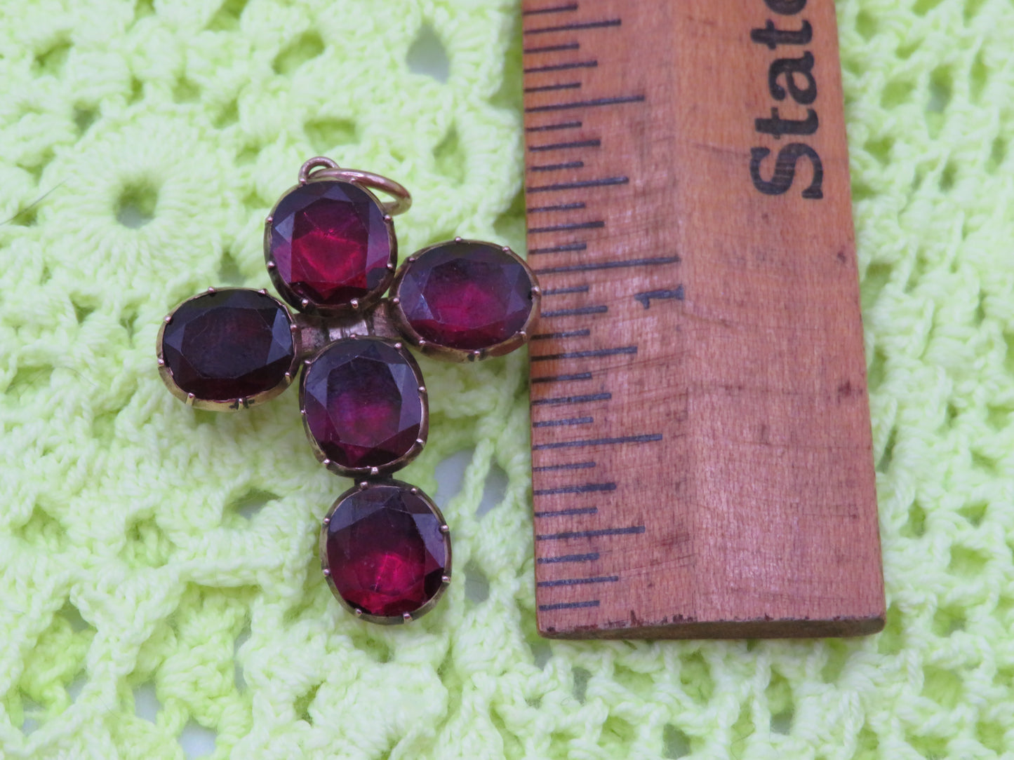 Antique 10K Gold Georgian Foiled Flat Cut Garnet Cross Charm Brooch