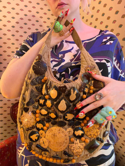 Vintage One-of-a-Kind Folk Art Animal Button Bag