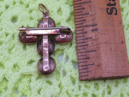 Antique 10K Gold Georgian Foiled Flat Cut Garnet Cross Charm Brooch