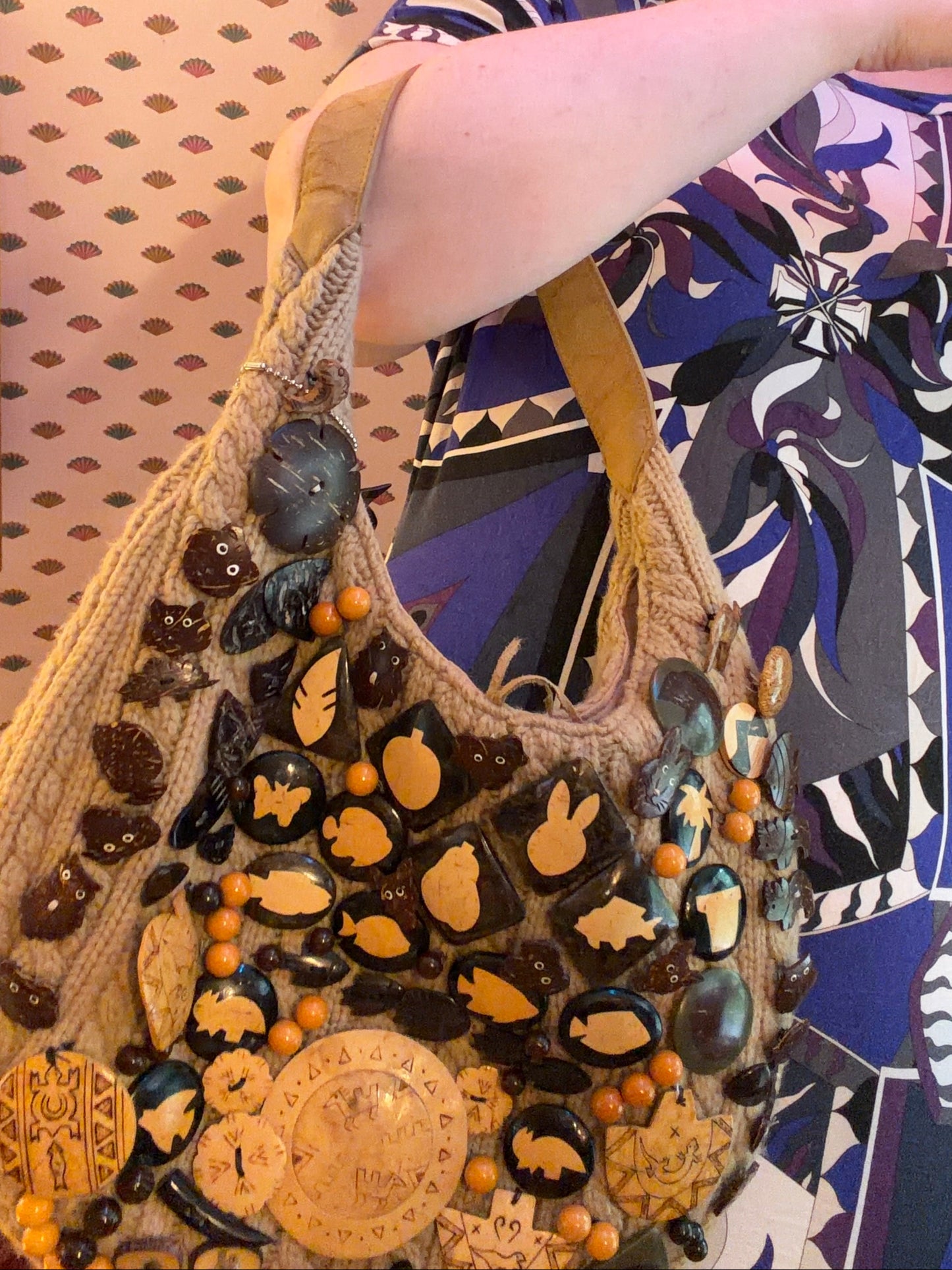 Vintage One-of-a-Kind Folk Art Animal Button Bag