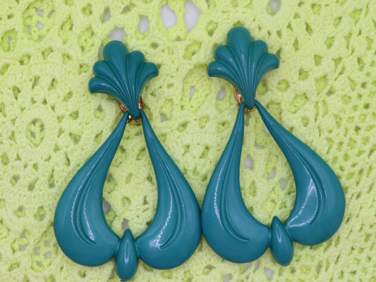 Vintage Huge Rococo Teal Clip On Earrings