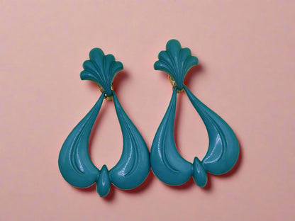 Vintage Huge Rococo Teal Clip On Earrings