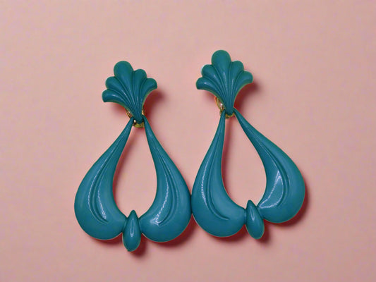 Vintage Huge Rococo Teal Clip On Earrings