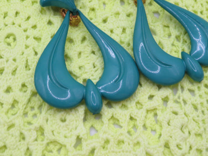 Vintage Huge Rococo Teal Clip On Earrings