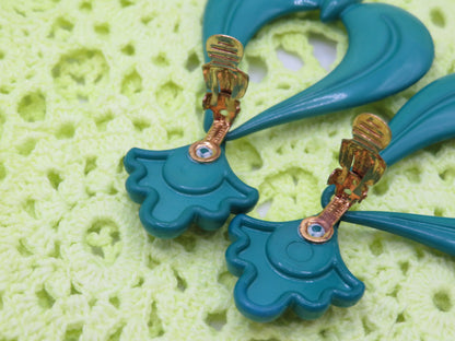 Vintage Huge Rococo Teal Clip On Earrings