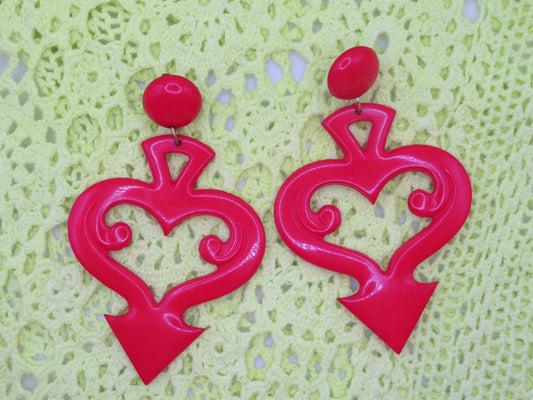 Vintage Huge Devil's Tail Heart Clip On Earrings