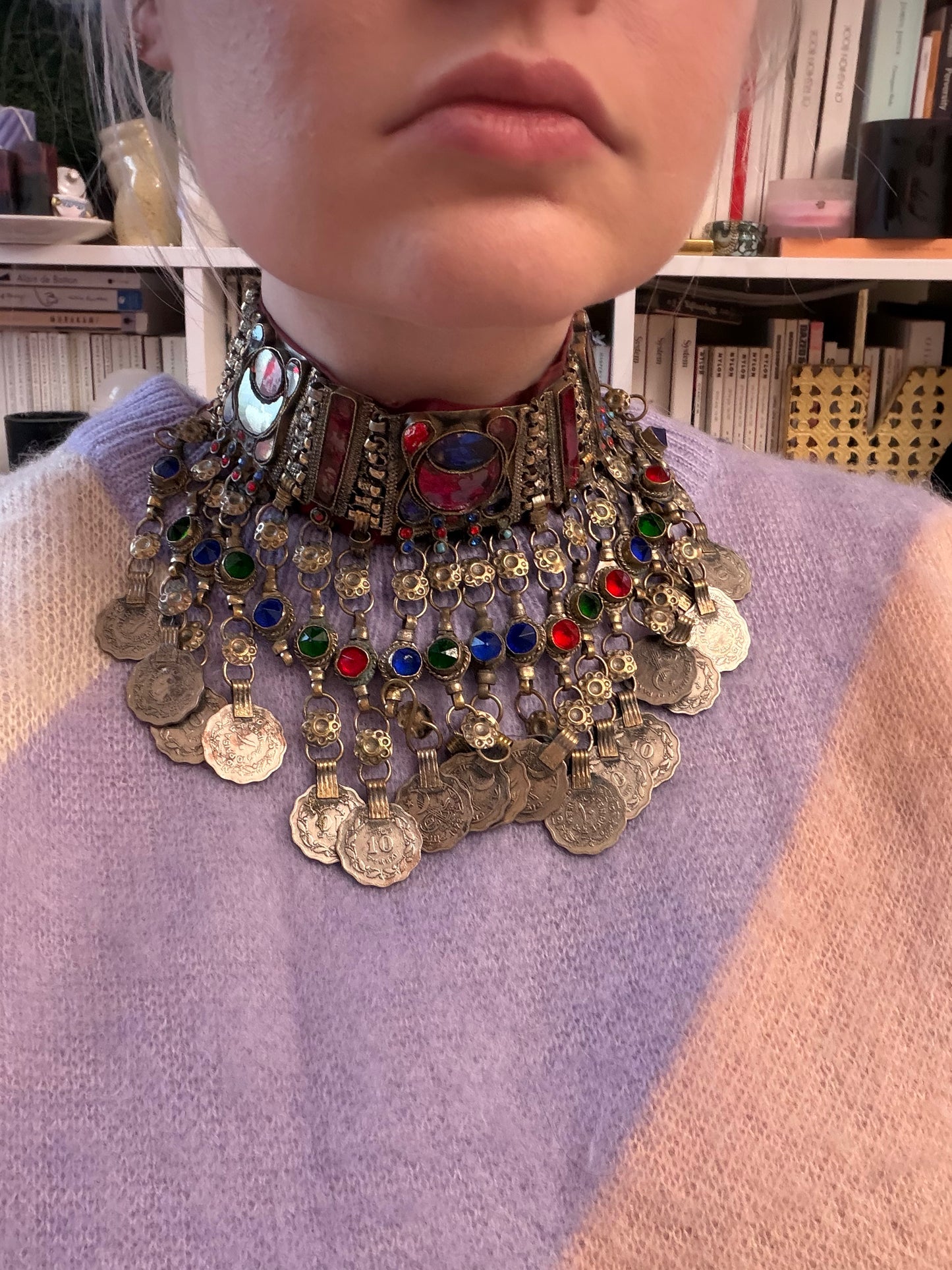 Iris Apfel's Vintage Antiqued Kuchi Ornate Rainbow Coin Necklace