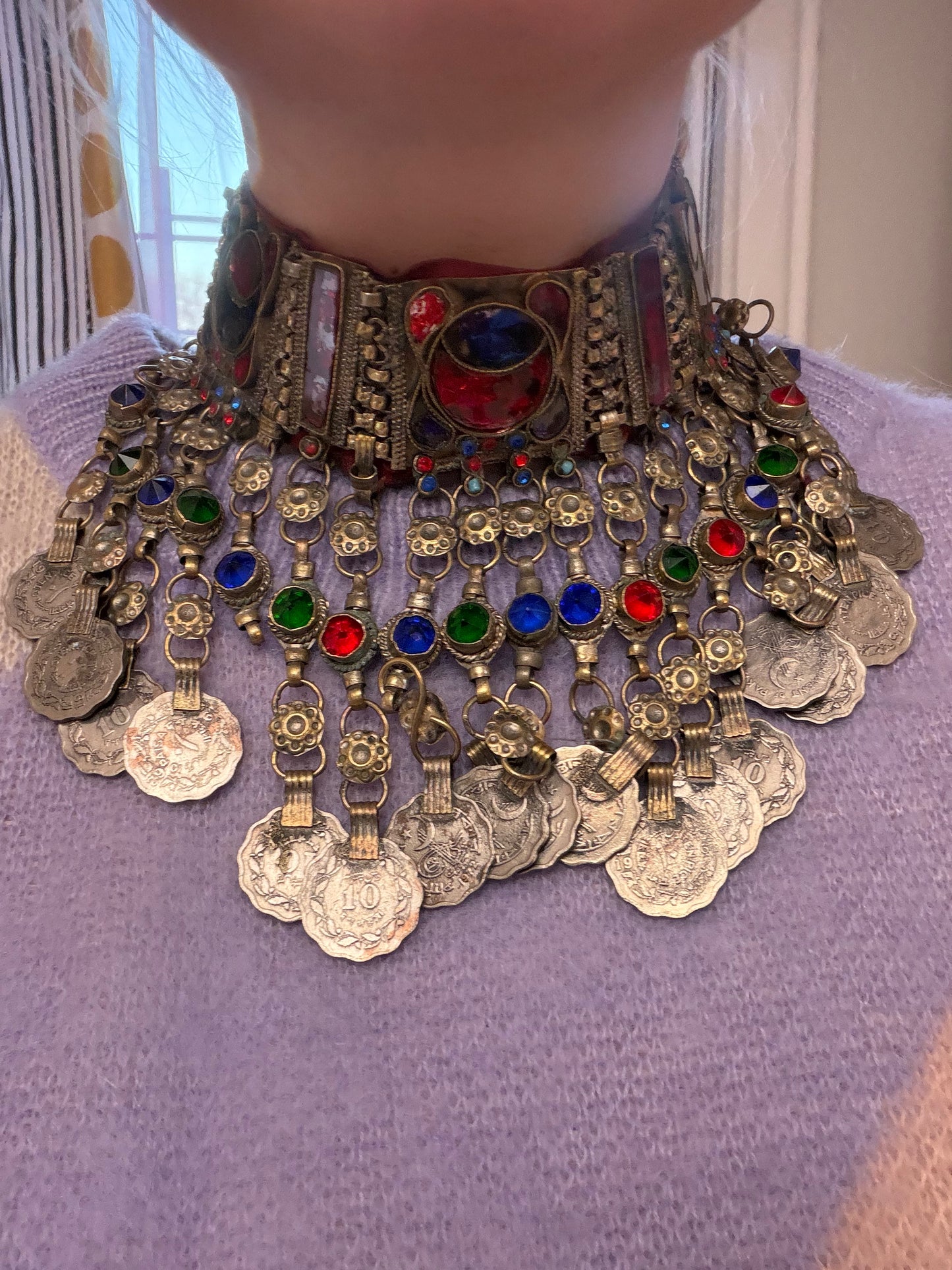 Iris Apfel's Vintage Antiqued Kuchi Ornate Rainbow Coin Necklace