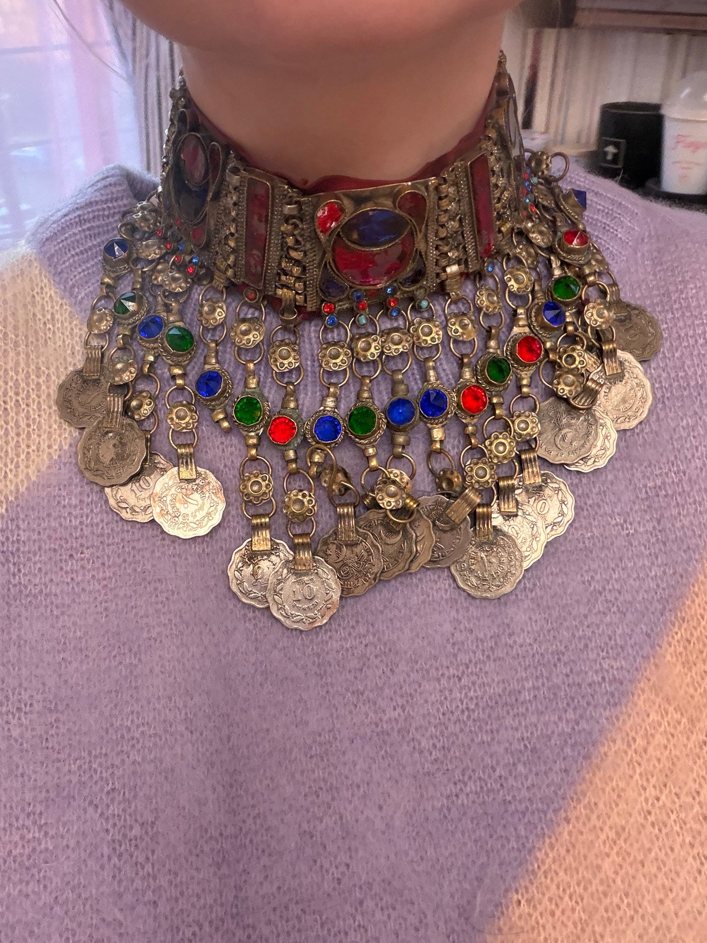 Iris Apfel's Vintage Antiqued Kuchi Ornate Rainbow Coin Necklace
