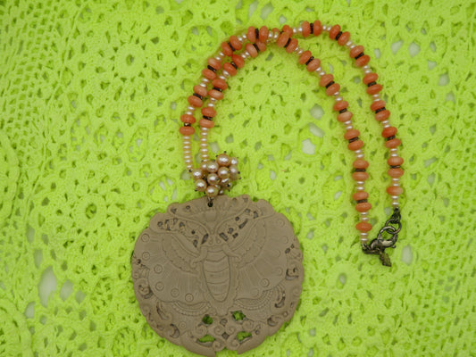 Vintage Coral Pearl Moth Princess Necklace