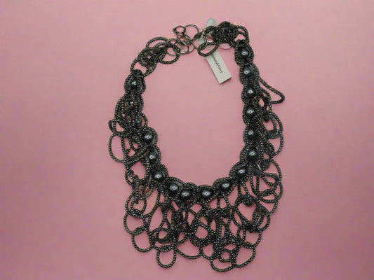 Vintage Gray Pearl Beaded Fringe Collar Necklace