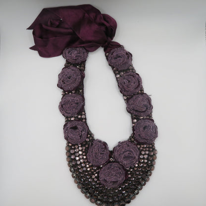 Vintage Lilac Rosette Rhinestone Sequin Bib Statement Necklace