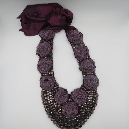 Vintage Lilac Rosette Rhinestone Sequin Bib Statement Necklace