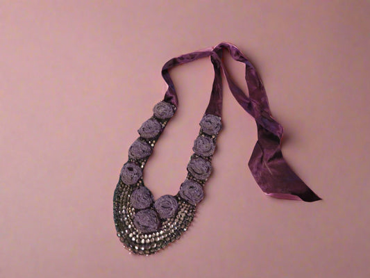 Vintage Lilac Rosette Rhinestone Sequin Bib Statement Necklace