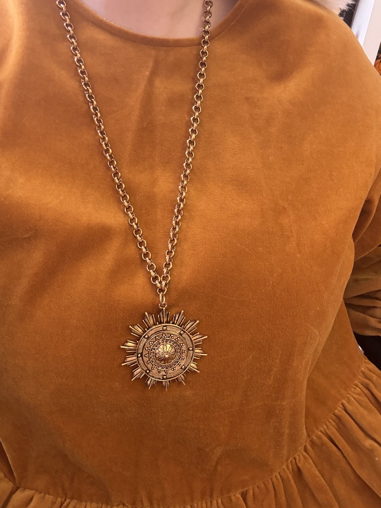 Gold Sunburst Flower Medallion Necklace