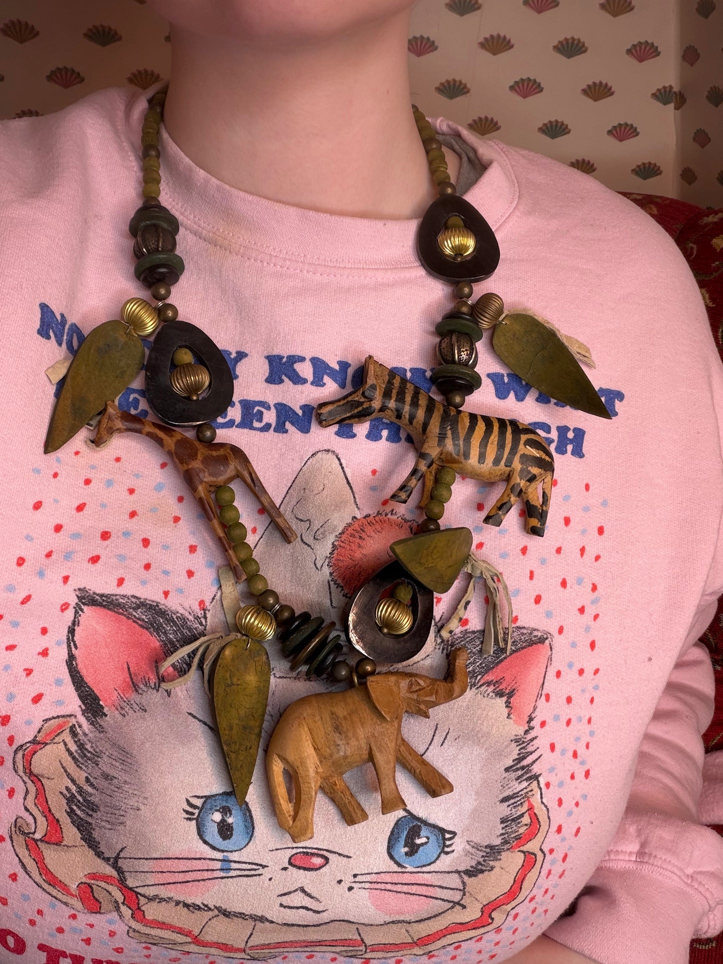 Vintage Massive Wooden Animal Charm Necklace