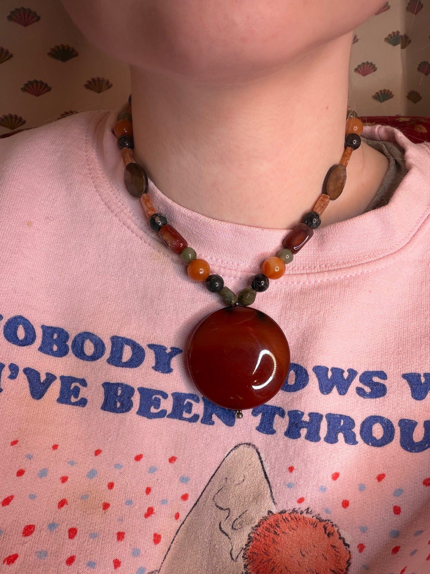 Vintage Carnelian Mixed Stone Pendant Necklace