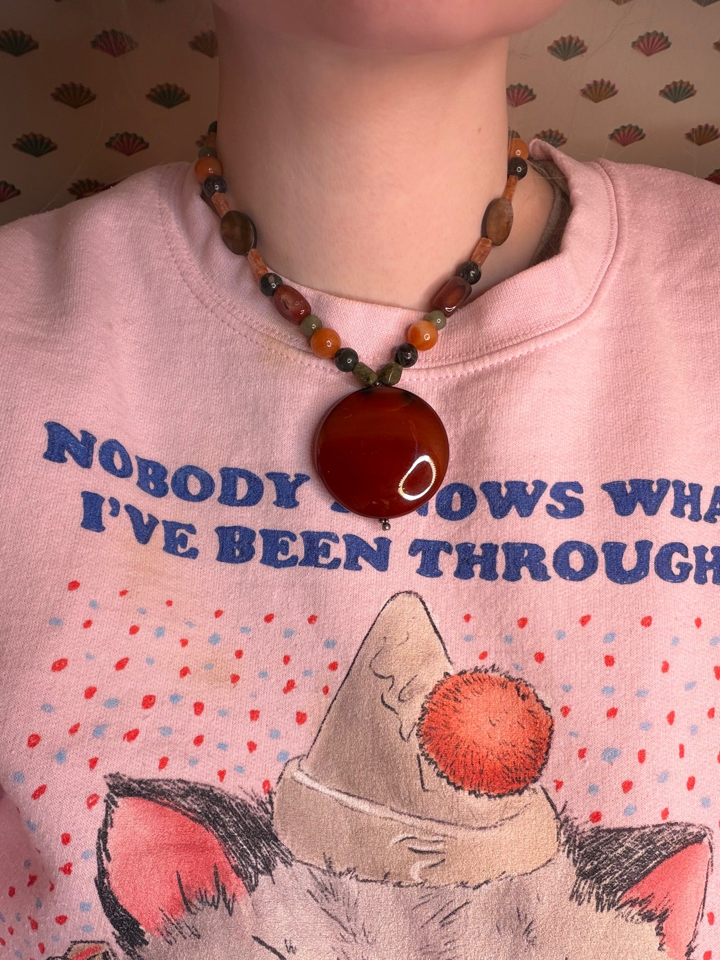 Vintage Carnelian Mixed Stone Pendant Necklace