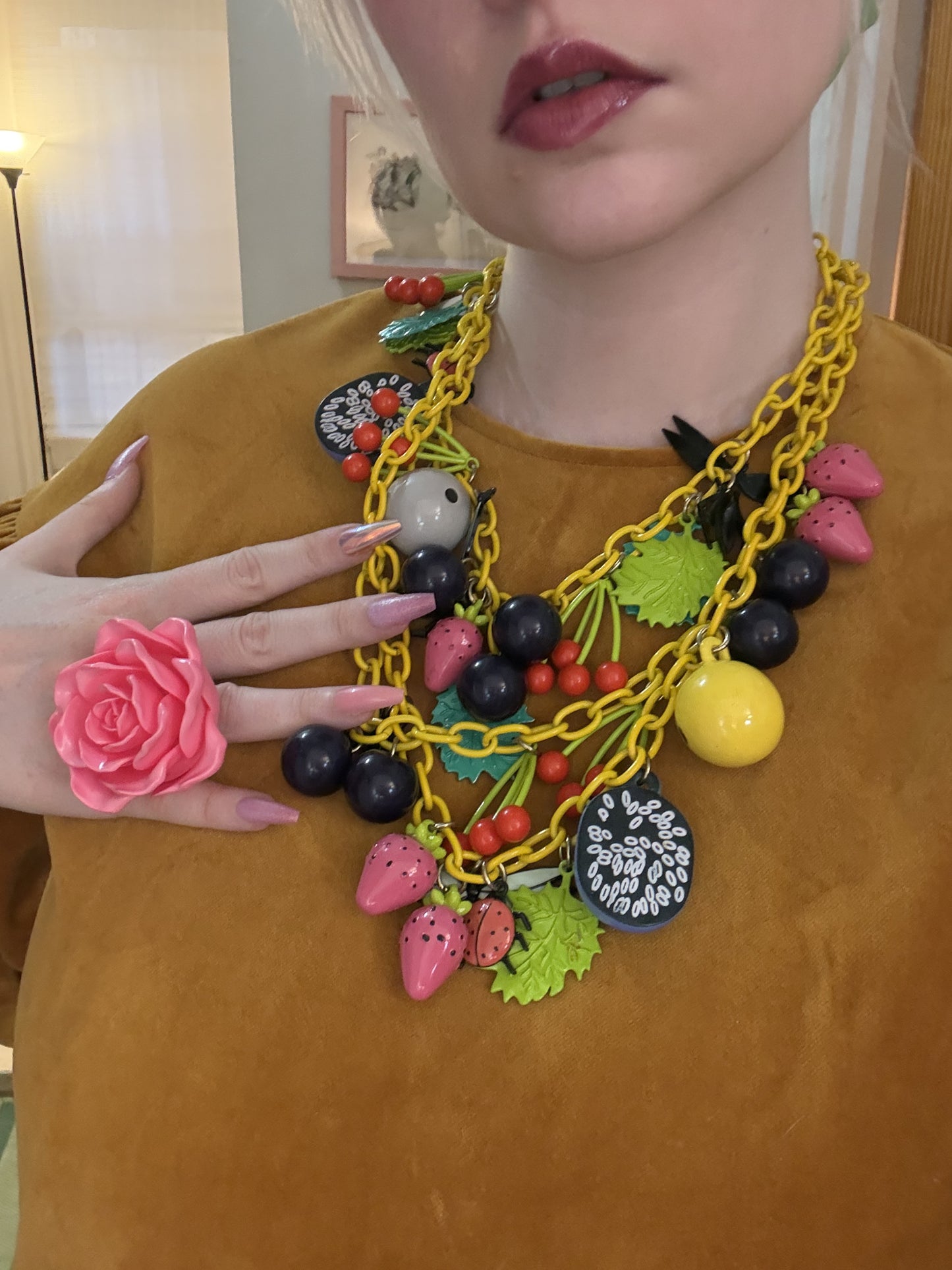 RARE Vintage Fruit Salad Charm Necklace