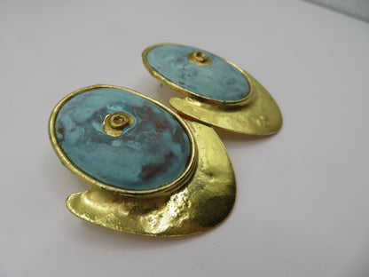Vintage Huge Green Gold Earrings