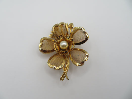 Vintage Midcentury Gold Pearl Flower Brooch