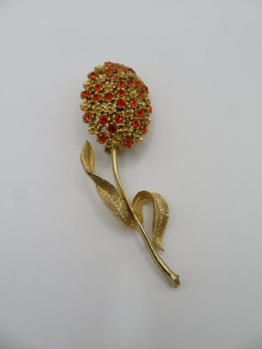 Vintage Marigold Rhinestone Gold Flower Brooch