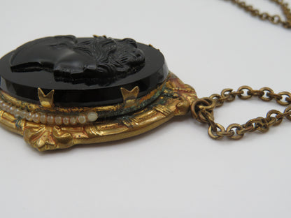 Antique Victorian Revival Black Glass Cameo Necklace