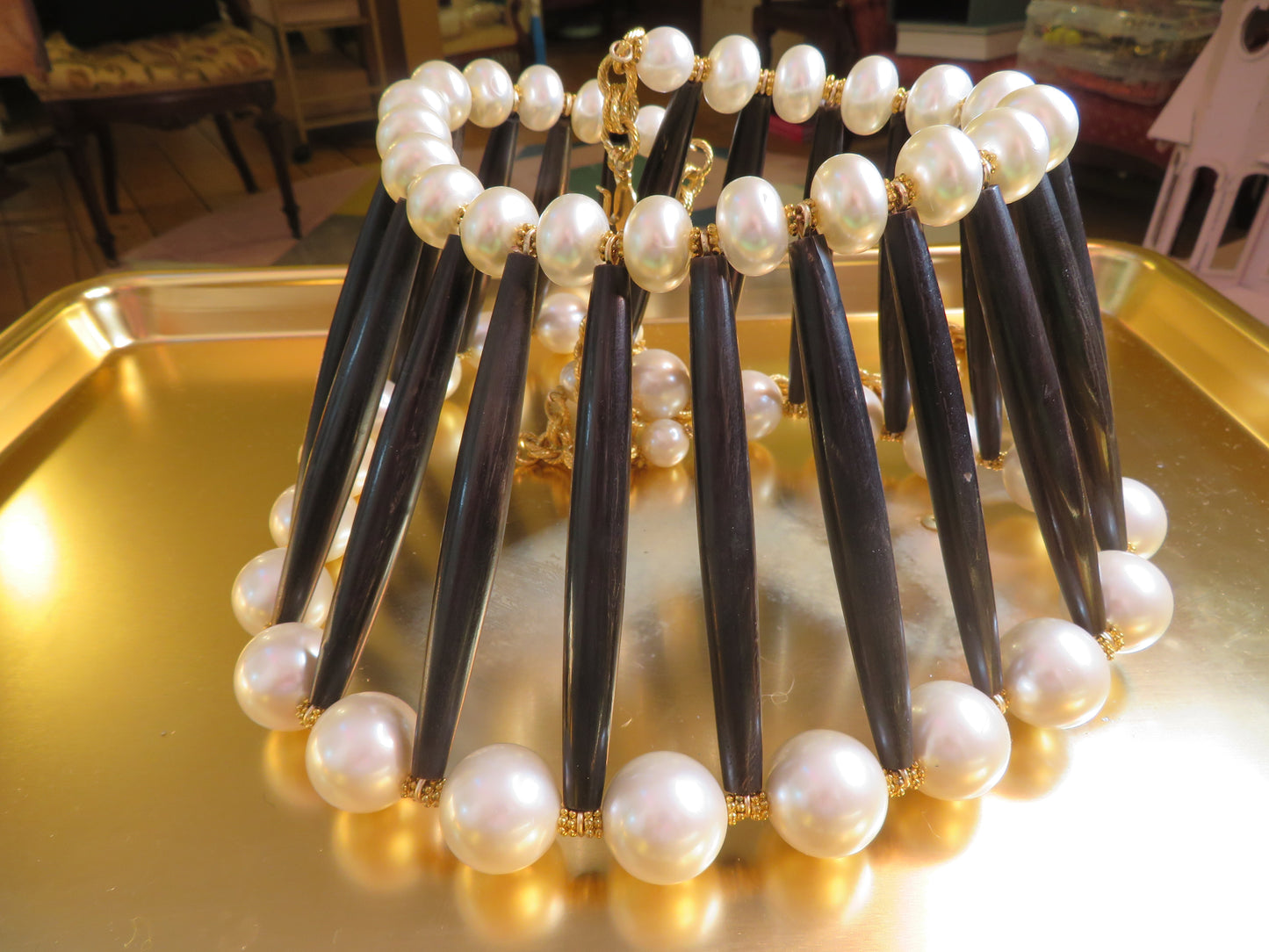 Julie Rubano RARE Huge Pearl Wood Collar Necklace