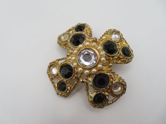 Vintage Midcentury Domed Rhinestone Maltese Cross Brooch