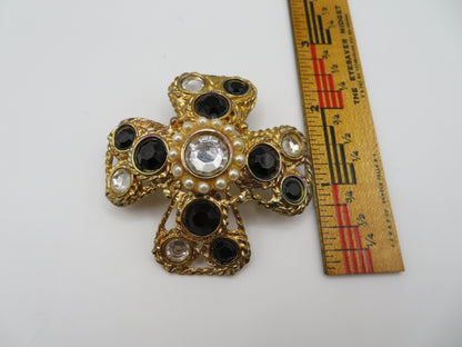 Vintage Midcentury Domed Rhinestone Maltese Cross Brooch