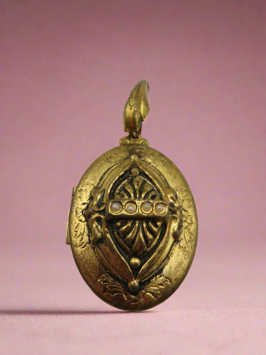 Antique Large Victorian Gold Tone Seed Pearl Locket